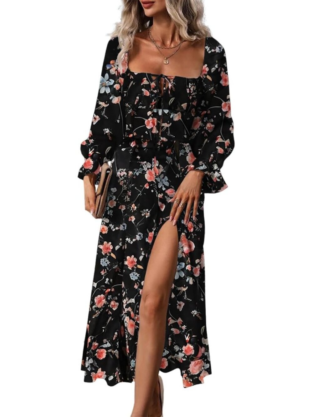 Womens Casual Square Neck Long Sleeve Boho Floral Midi Dress Print Side Split Dr